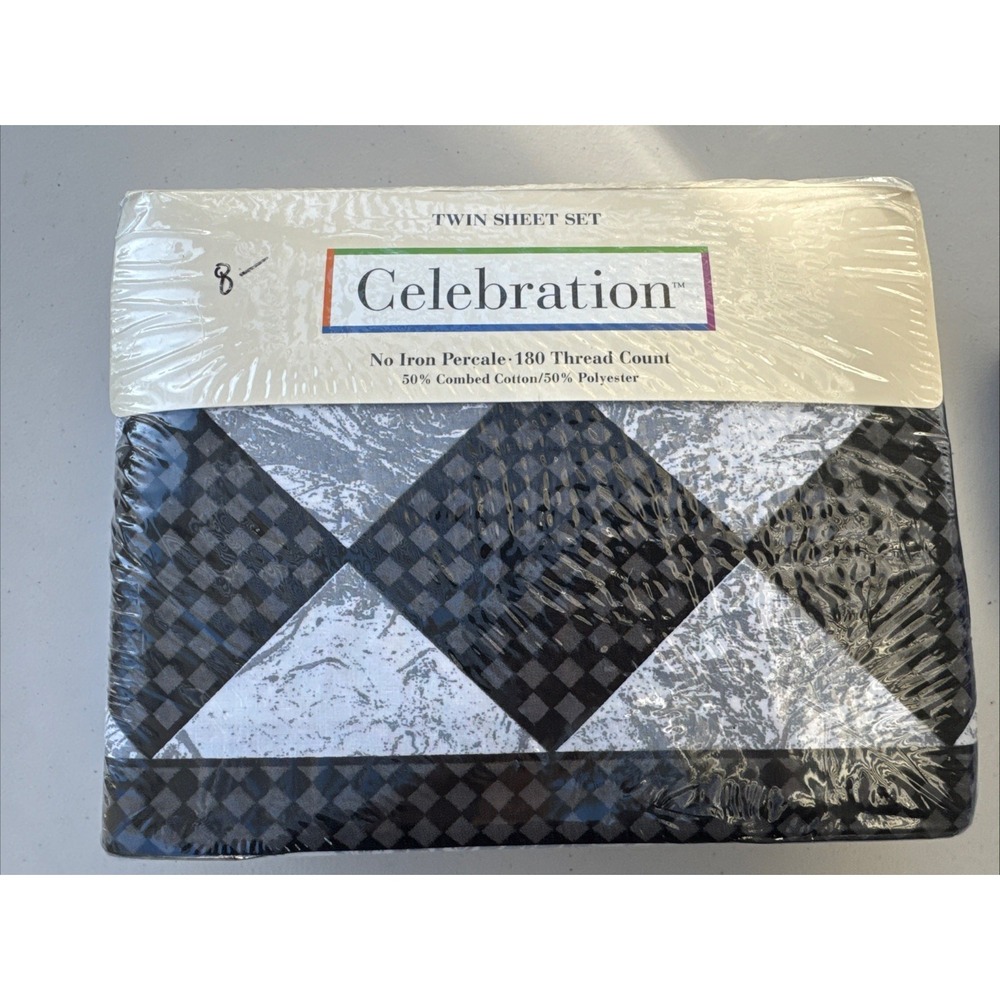 VTG‎ Mervyn's Celebration Black Twin Sheet Set Flat Fitted Pillowcase USA